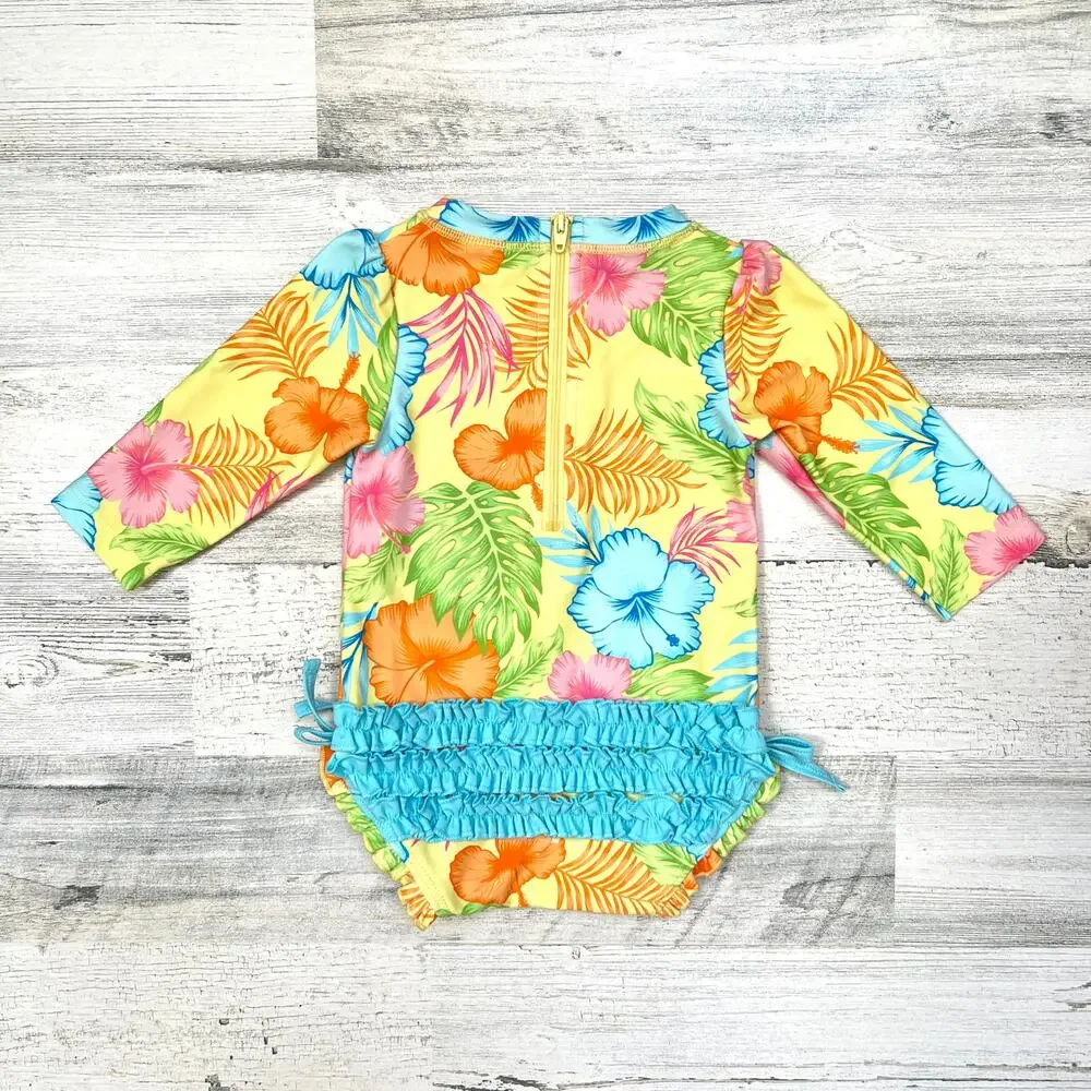 RuffleButts Rash Guard Swimsuit Baby Girl 0-3M Tropical Floral UPF50